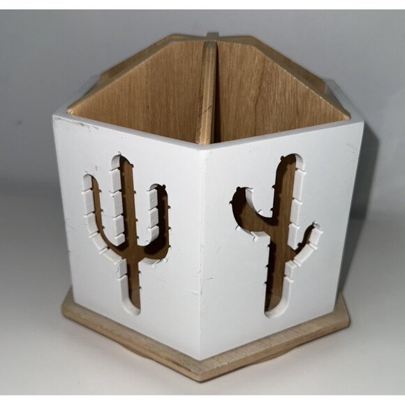 White Wood Spinning Desk Organizer 6 Sections Cactus Cutouts Pen Pencil Holder - Picture 3 of 7